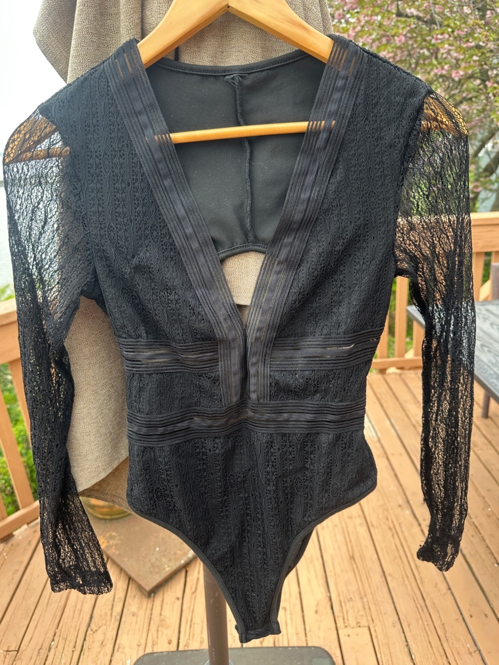 Black Lace Long Sleeve V-Neck Bodysuit